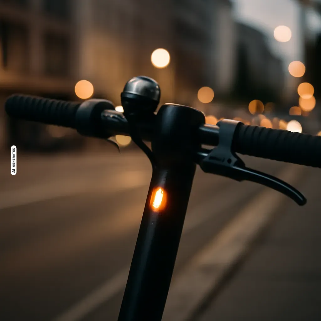Lenkergriff eines E-Scooters mit Blinker und Klingel in der Abenddaemmerung