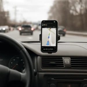 KFZ Recht & Gesetze – Was ist erlaubt? 15 Smartphone mit Navigations-App am Armaturenbrett – Symbolbild Radarwarner Österreich