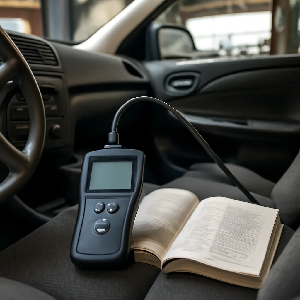 OBD2-Diagnosegerät mit Nachschlagewerk im Fahrzeug – Fehlercode-Liste Symbolbild