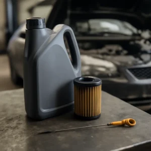 KFZ Pflege & Wartung – Anleitungen & Tipps 1 Motoröl-Kanister und Ölfilter auf einer Werkbank neben einem Auto mit geöffneter Motorhaube – Symbolbild Ölwechsel Kosten Österreich