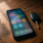 Smartphone mit unscharfem Bildschirm liegt neben einem Autoschlüssel auf einem Tisch
