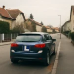 Geparktes Auto mit L-Tafel am Heck auf ruhiger Straße in Österreich – L17 Führerschein begleitetes Fahren