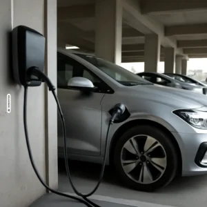Elektroauto an Wallbox in Firmenparkplatz &ndash; Sachbezug E-Dienstwagen &Ouml;sterreich