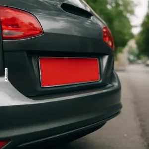 Rotes Kennzeichen am Heck eines Autos auf einer Stra&szlig;e &ndash; Symbolbild &Uuml;berstellungskennzeichen &Ouml;sterreich