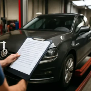 Mechaniker mit Klemmbrett neben Auto auf der Hebebuehne in einer Pickerl-Pruefstelle &ndash; Symbolbild Pickerl Kosten Oesterreich