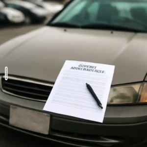 Kaufvertrag mit Stift auf der Motorhaube eines Gebrauchtwagens – Symbolbild Gewährleistung Gebrauchtwagen