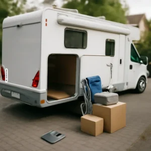 Wohnmobil mit geöffneter Heckgarage und Campingausrüstung – Symbolbild Wohnmobil Gewicht und Zuladung