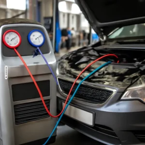 Klimaservice-Gerät mit angeschlossenen Schläuchen am Motorraum eines PKW – Symbolbild Klimaservice
