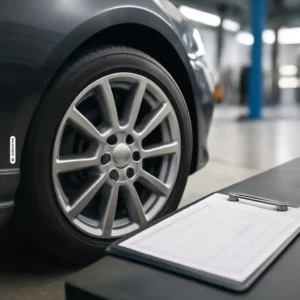 KFZ Recht & Gesetze – Was ist erlaubt? 34 Nahaufnahme einer Aluminium-Felge an einem PKW in der Werkstatt – Symbolbild Felgen eintragen