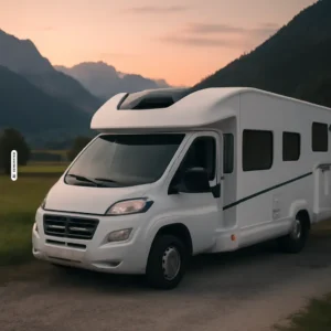 KFZ Recht & Gesetze – Was ist erlaubt? 35 Wohnmobil auf einem Stellplatz in den österreichischen Bergen bei Abenddämmerung – Symbolbild Wohnmobil Stellplatz